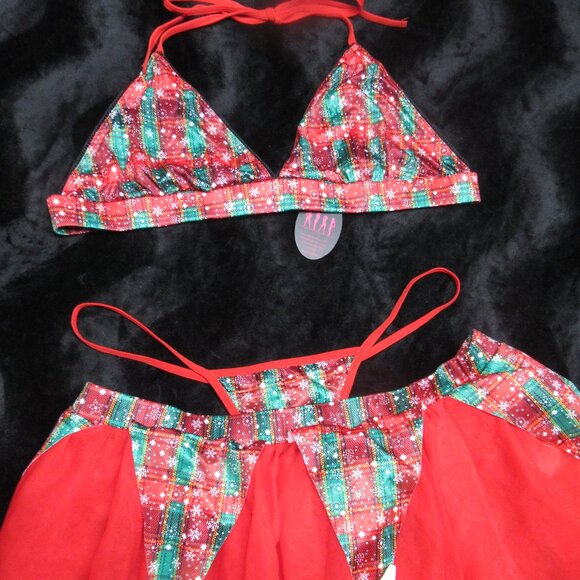 3pc Red White and Green Christmas Holiday Lingerie Costume Set - Picture 1 of 15